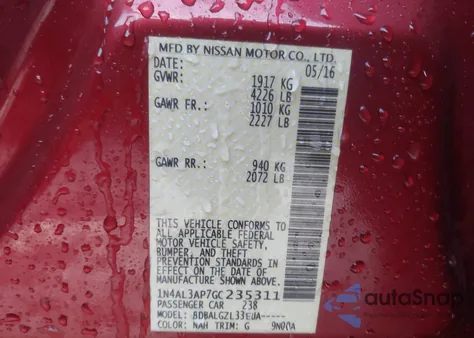 2016 Nissan Altima 2.5/2.5 S/2.5 Sl/2.5 Sr/2.5 Sv z USA, uszkodzony, nr VIN 1N4AL3AP7GC235311